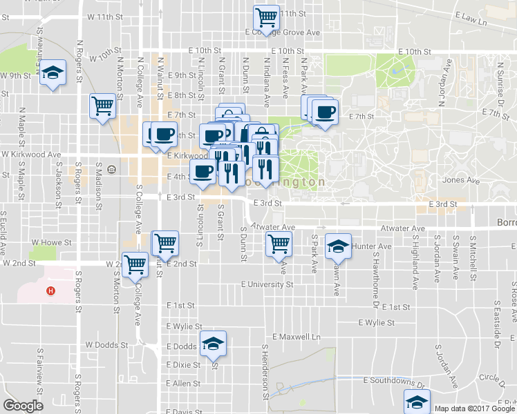 map of restaurants, bars, coffee shops, grocery stores, and more near 324 South Henderson Street in Bloomington