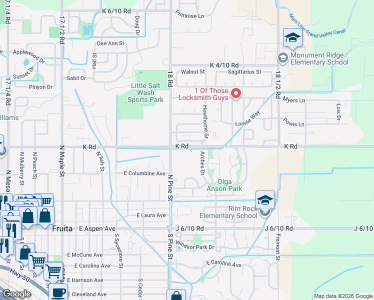 map of restaurants, bars, coffee shops, grocery stores, and more near 1803-1811 K Road in Fruita