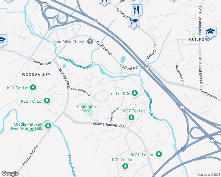 map of restaurants, bars, coffee shops, grocery stores, and more near 9481 Clocktower Lane in Columbia