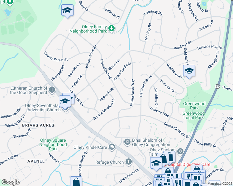 map of restaurants, bars, coffee shops, grocery stores, and more near 18724 Bloomfield Road in Olney