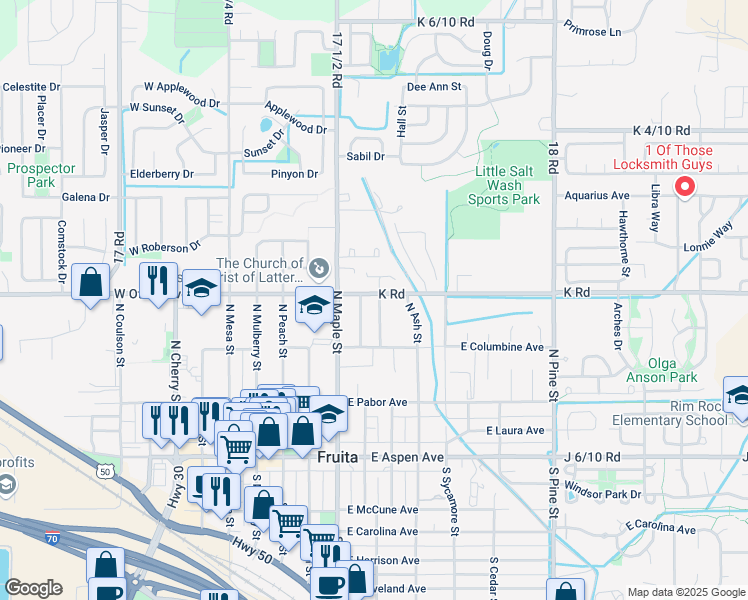 map of restaurants, bars, coffee shops, grocery stores, and more near 618 East Ottley Avenue in Fruita