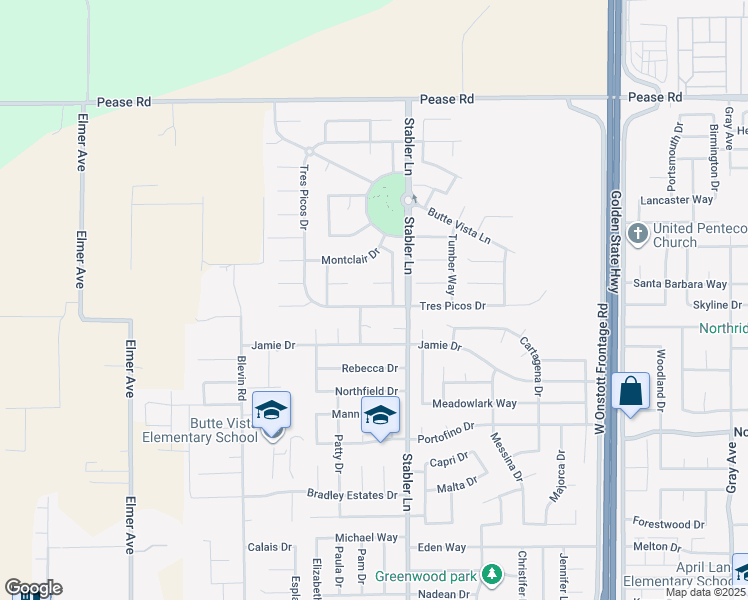 map of restaurants, bars, coffee shops, grocery stores, and more near 1647 Tres Picos Drive in Yuba City