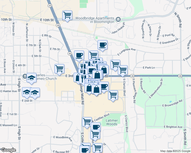 map of restaurants, bars, coffee shops, grocery stores, and more near 2812 East 3rd Street in Bloomington