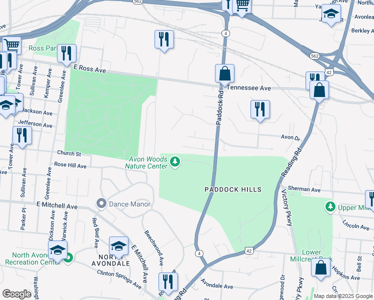 map of restaurants, bars, coffee shops, grocery stores, and more near 1009 Egan Hills Drive in Cincinnati