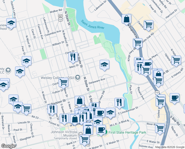 map of restaurants, bars, coffee shops, grocery stores, and more near 109 American Avenue in Dover