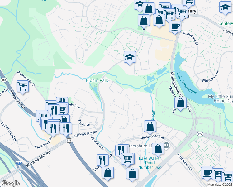 map of restaurants, bars, coffee shops, grocery stores, and more near 84 Windbrooke Circle in Gaithersburg
