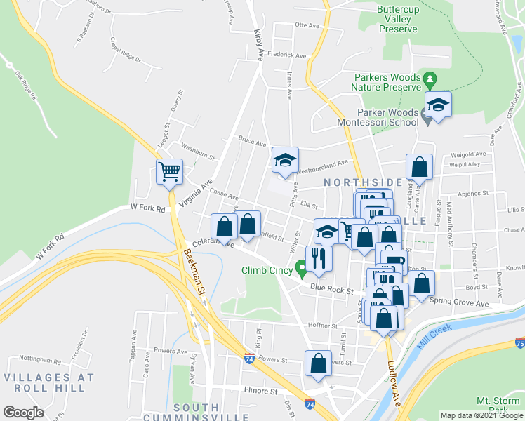 map of restaurants, bars, coffee shops, grocery stores, and more near 1765 Chase Avenue in Cincinnati