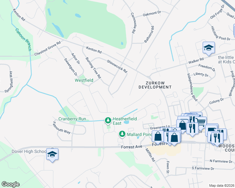 map of restaurants, bars, coffee shops, grocery stores, and more near 429 West Carnoustie Road in Dover