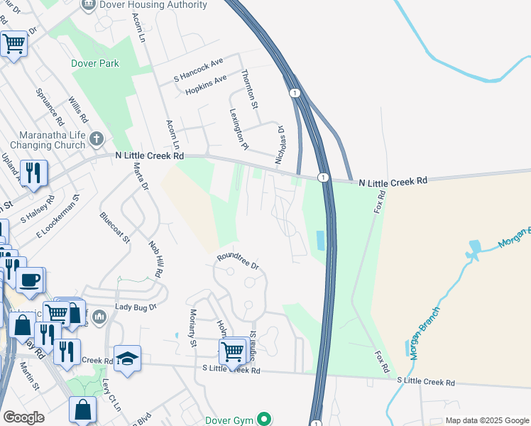 map of restaurants, bars, coffee shops, grocery stores, and more near 1514 North Little Creek Road in Dover