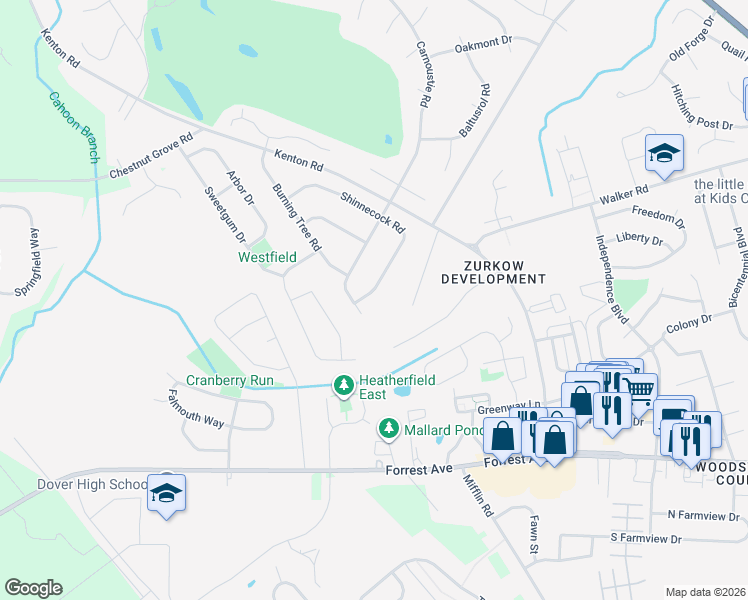 map of restaurants, bars, coffee shops, grocery stores, and more near 429 West Carnoustie Road in Dover