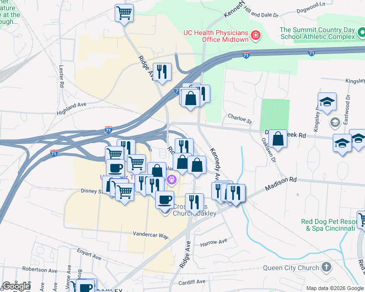 map of restaurants, bars, coffee shops, grocery stores, and more near 4960 Ridge Avenue in Cincinnati