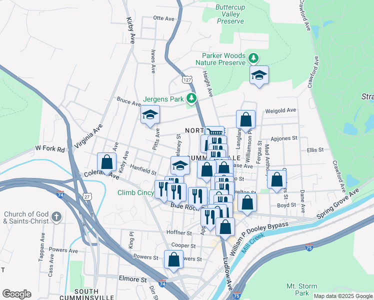 map of restaurants, bars, coffee shops, grocery stores, and more near 4200 Delaney Street in Cincinnati