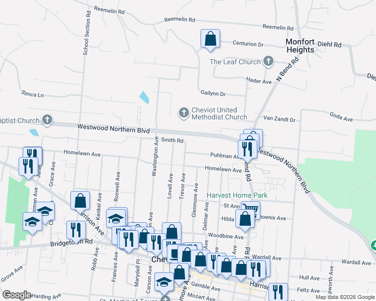 map of restaurants, bars, coffee shops, grocery stores, and more near 4011 Trevor Avenue in Cincinnati