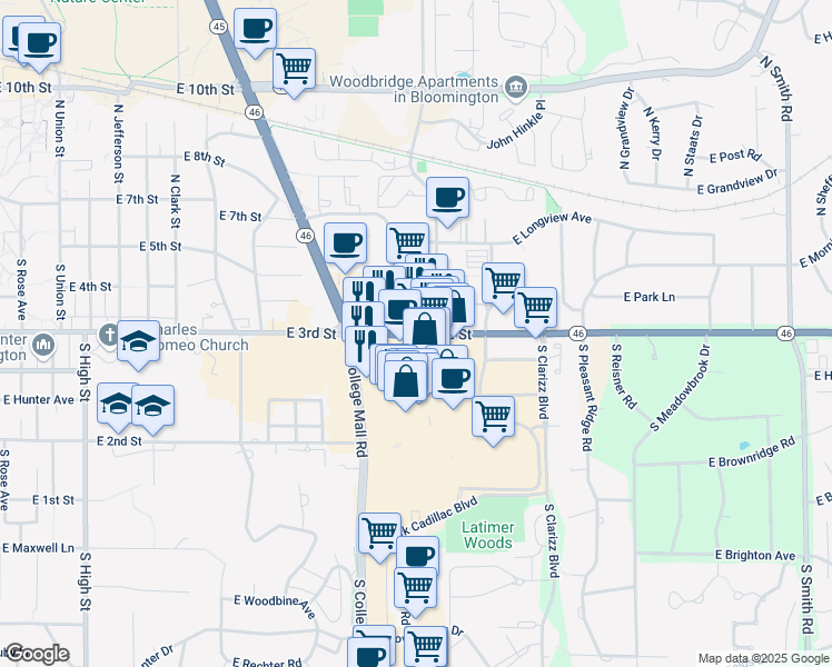 map of restaurants, bars, coffee shops, grocery stores, and more near 2812 East 3rd Street in Bloomington