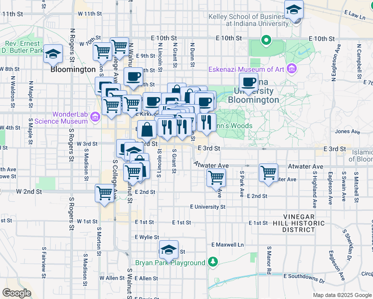 map of restaurants, bars, coffee shops, grocery stores, and more near 330 South Dunn Street in Bloomington