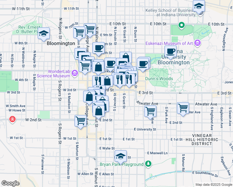 map of restaurants, bars, coffee shops, grocery stores, and more near 339 South Lincoln Street in Bloomington
