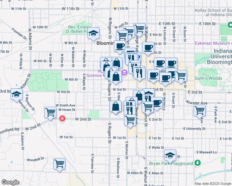 map of restaurants, bars, coffee shops, grocery stores, and more near 417 West Prospect Street in Bloomington