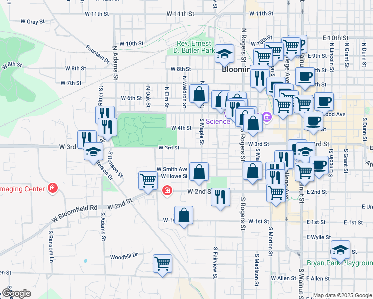 map of restaurants, bars, coffee shops, grocery stores, and more near 920 West Smith Avenue in Bloomington