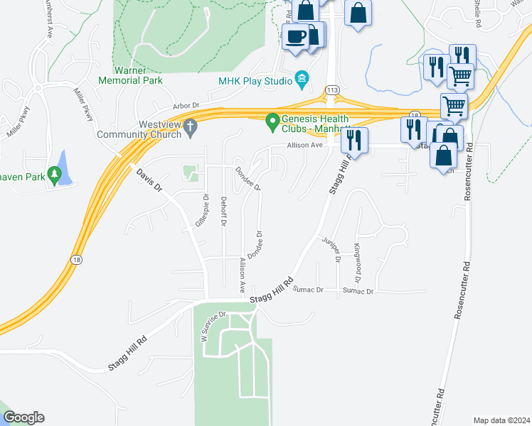 map of restaurants, bars, coffee shops, grocery stores, and more near 830 Dondee Drive in Manhattan