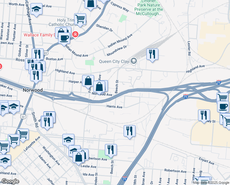 map of restaurants, bars, coffee shops, grocery stores, and more near 4816 Beech Street in Cincinnati