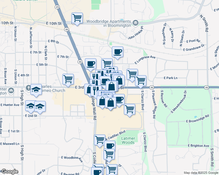 map of restaurants, bars, coffee shops, grocery stores, and more near 2812 East 3rd Street in Bloomington