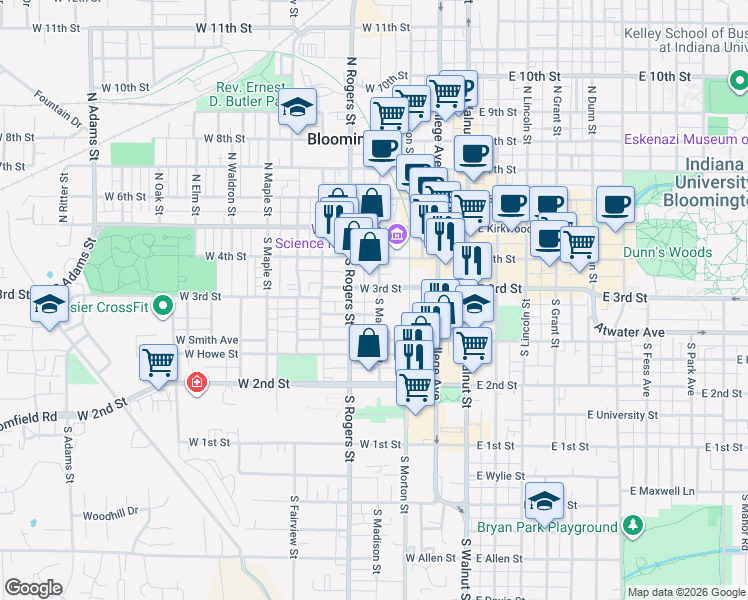 map of restaurants, bars, coffee shops, grocery stores, and more near 417 West Prospect Street in Bloomington