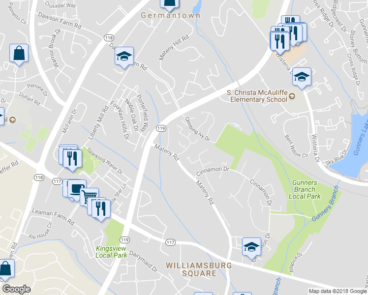 map of restaurants, bars, coffee shops, grocery stores, and more near 13009 Trailside Way in Germantown
