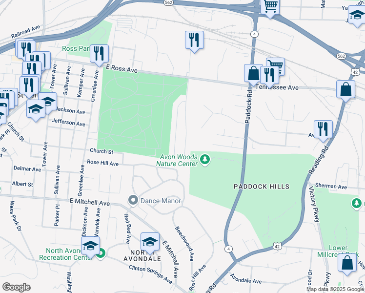 map of restaurants, bars, coffee shops, grocery stores, and more near 4604 Heger Drive in Cincinnati