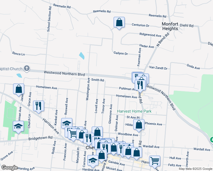 map of restaurants, bars, coffee shops, grocery stores, and more near 4011 Trevor Avenue in Cincinnati