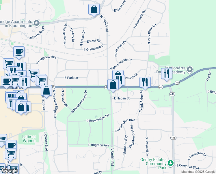 map of restaurants, bars, coffee shops, grocery stores, and more near 3800 East 3rd Street in Bloomington