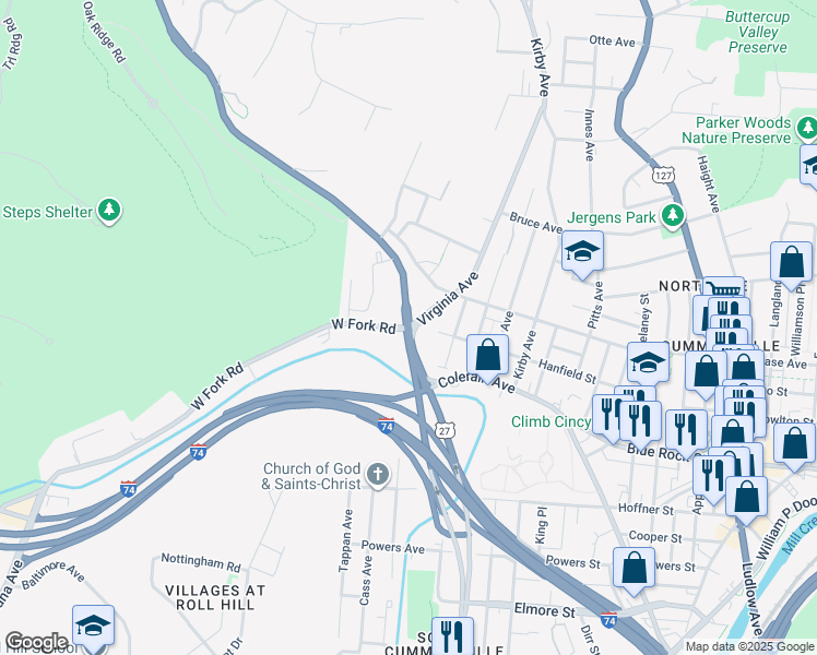 map of restaurants, bars, coffee shops, grocery stores, and more near Colerain Avenue & Virginia Avenue in Cincinnati
