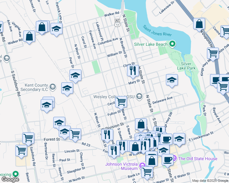 map of restaurants, bars, coffee shops, grocery stores, and more near 228 North New Street in Dover