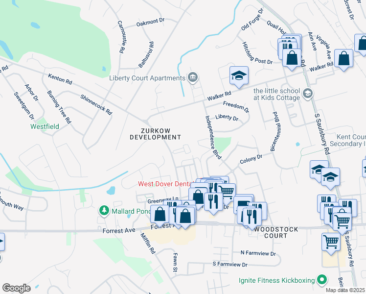 map of restaurants, bars, coffee shops, grocery stores, and more near 1 Atrim in Dover