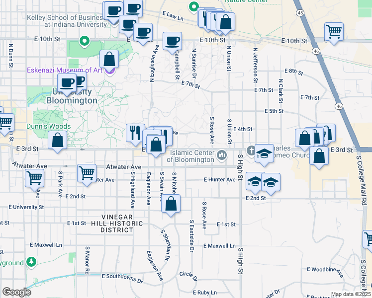 map of restaurants, bars, coffee shops, grocery stores, and more near 107 South Indiana Avenue in Bloomington