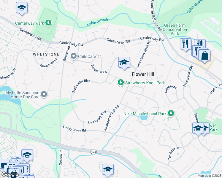 map of restaurants, bars, coffee shops, grocery stores, and more near 18713 Pintail Lane in Gaithersburg