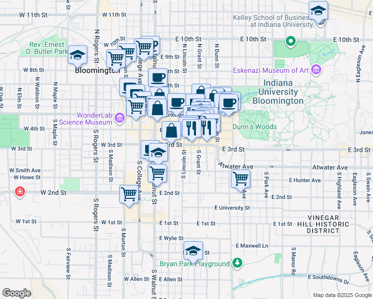 map of restaurants, bars, coffee shops, grocery stores, and more near 300 East 3rd Street in Bloomington