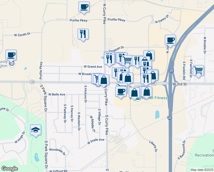 map of restaurants, bars, coffee shops, grocery stores, and more near 3910 West 3rd Street in Bloomington