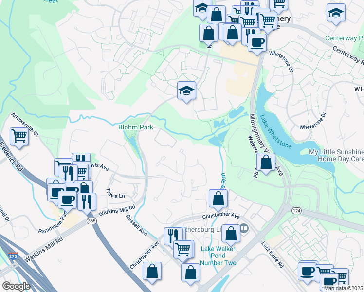 map of restaurants, bars, coffee shops, grocery stores, and more near 1631 Tanyard Hill Road in Gaithersburg