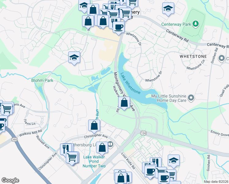 map of restaurants, bars, coffee shops, grocery stores, and more near 18804 Walkers Choice Road in Montgomery Village