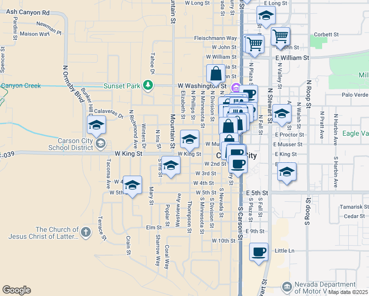 map of restaurants, bars, coffee shops, grocery stores, and more near 604 West Musser Street in Carson City