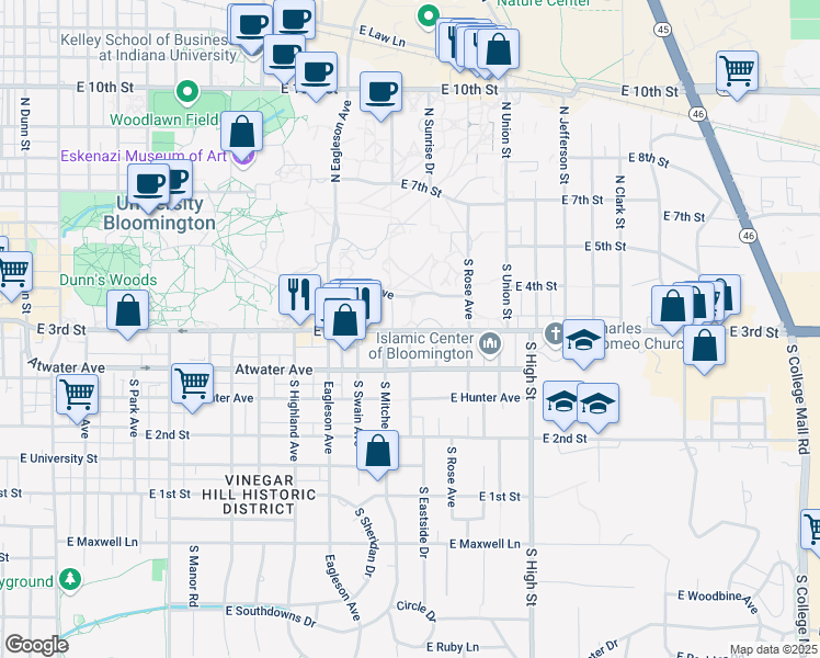 map of restaurants, bars, coffee shops, grocery stores, and more near 1725 East 3rd Street in Bloomington