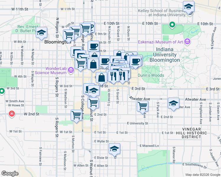 map of restaurants, bars, coffee shops, grocery stores, and more near 309 East 3rd Street in Bloomington