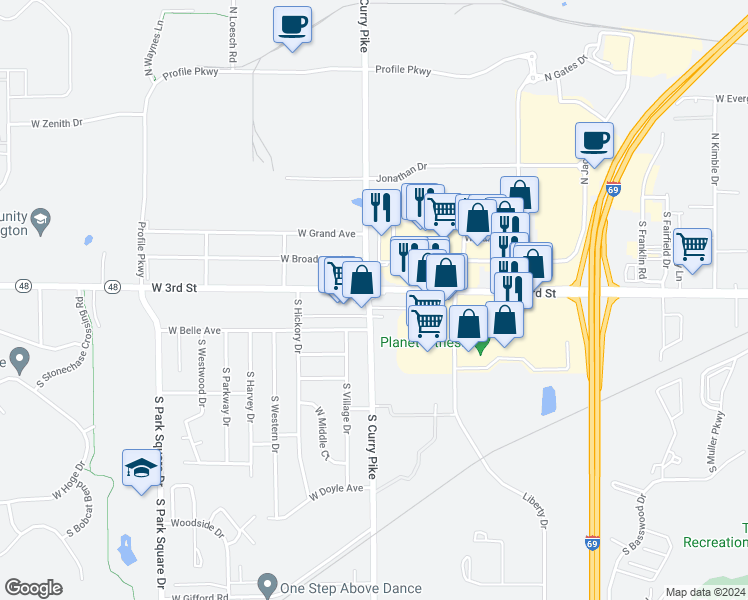 map of restaurants, bars, coffee shops, grocery stores, and more near 3910 West 3rd Street in Bloomington