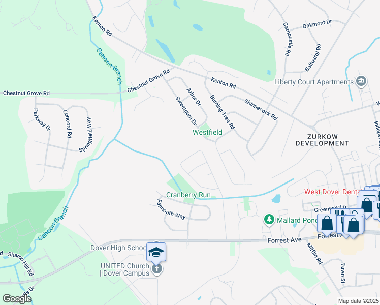 map of restaurants, bars, coffee shops, grocery stores, and more near 113 Stoney Drive in Dover