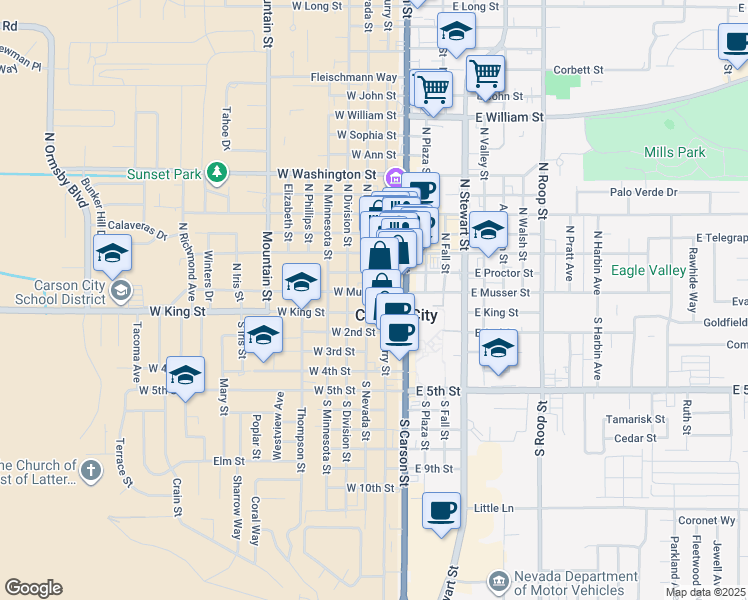 map of restaurants, bars, coffee shops, grocery stores, and more near 207 West Musser Street in Carson City