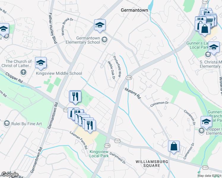 map of restaurants, bars, coffee shops, grocery stores, and more near 18902 Fountain Hills Drive in Germantown