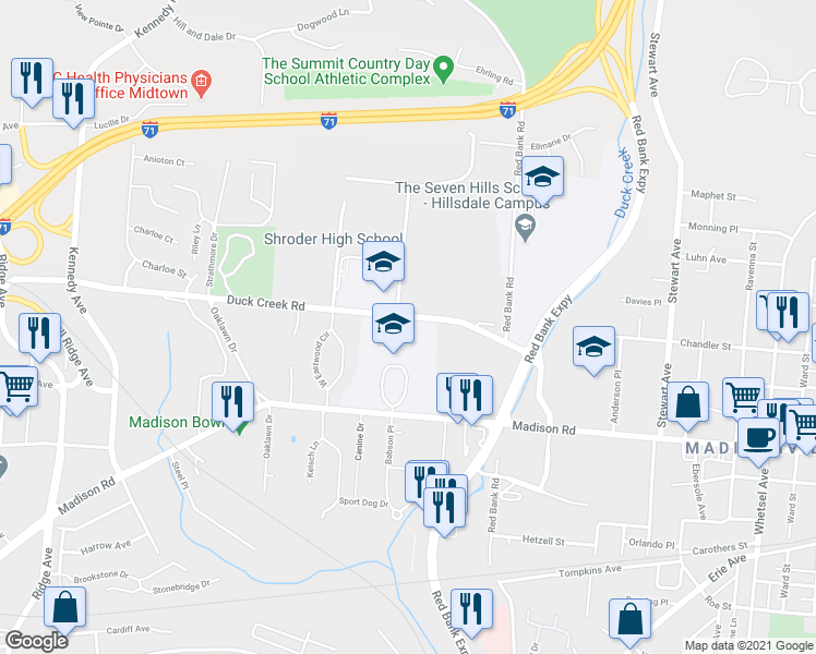 map of restaurants, bars, coffee shops, grocery stores, and more near 5050 Madison Road in Cincinnati