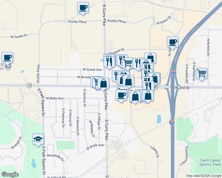 map of restaurants, bars, coffee shops, grocery stores, and more near 3305 West 3rd Street in Bloomington