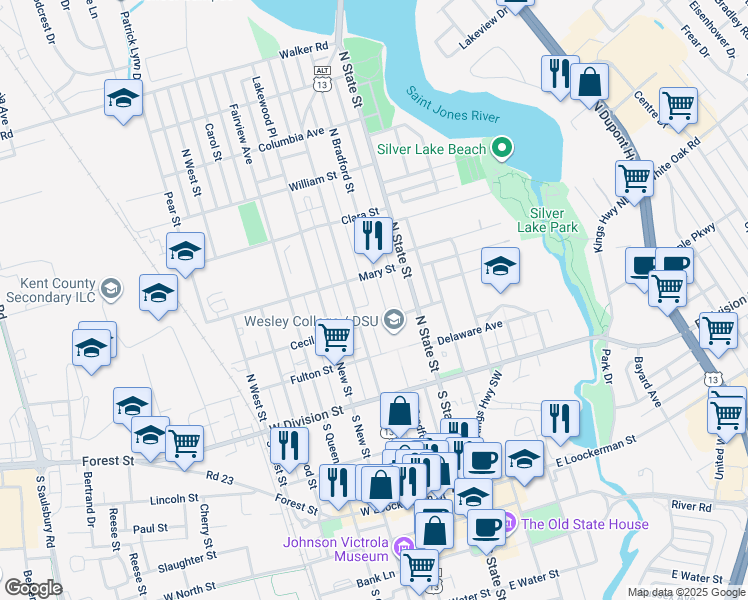 map of restaurants, bars, coffee shops, grocery stores, and more near 220 North Bradford Street in Dover