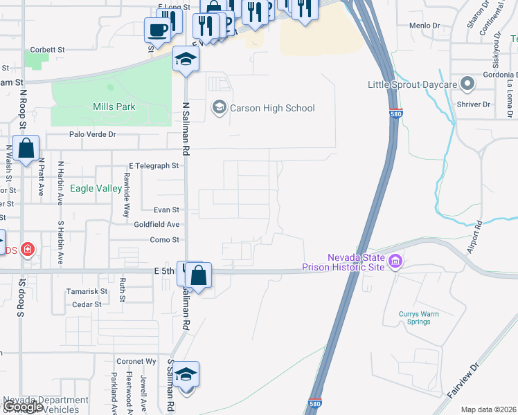 map of restaurants, bars, coffee shops, grocery stores, and more near 1698 East Robinson Street in Carson City